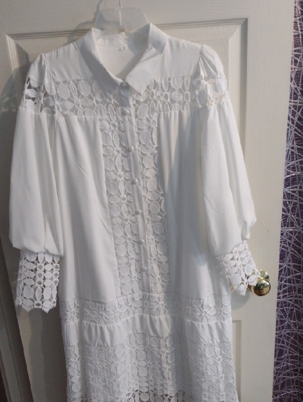 White Lace Midi Dress with Button Front